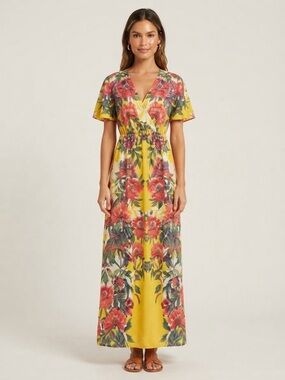 Flying Tomato Yellow Floral Wrap Maxi Dress with Red Blooms